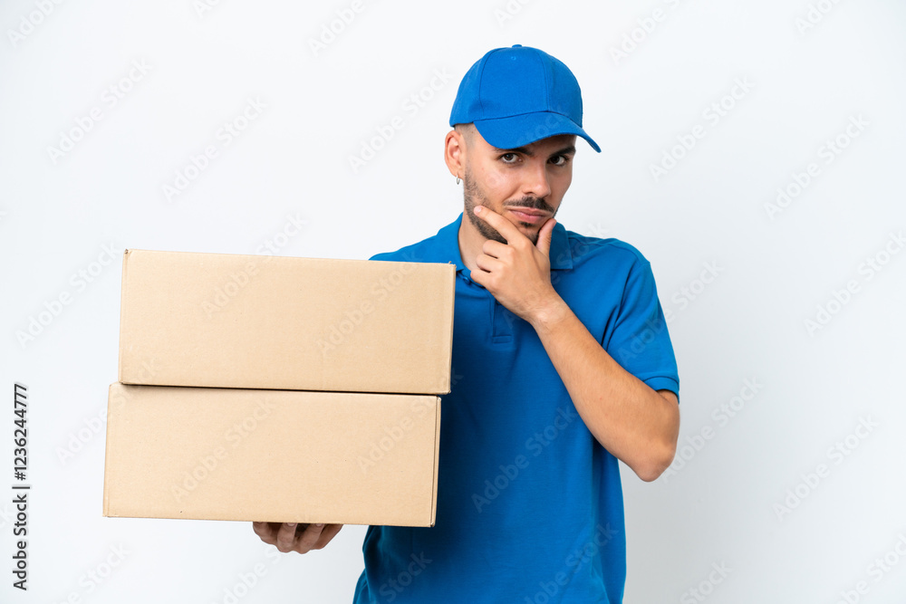 Delivery caucasian man isolated on white background thinking Delivery caucasian man isolated on white background thinking