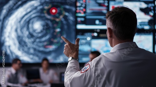 A crisis response team monitors an incoming natural disaster on an advanced public safety dashboard, tracking storm paths, evacuation protocols, and emergency shelter capacities. A lead coordinator