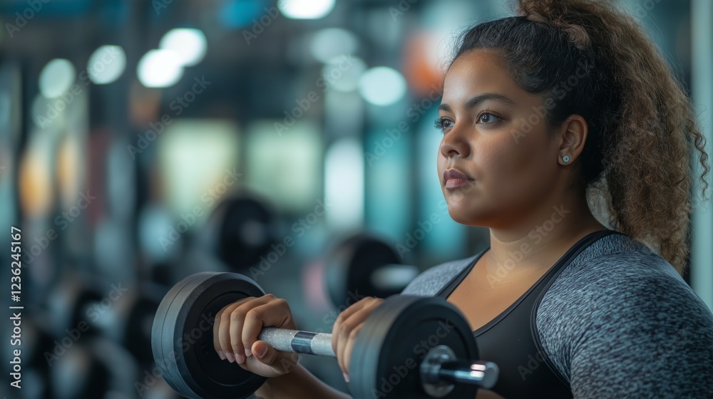 Young overweight woman lifting weights dumbbell and focused on her fitness goals in a modern gym environment. Weight loss exercises. Fight against obesity. With copy space Young overweight woman lifting weights dumbbell and focused on her fitness goals in a modern gym environment. Weight loss exercises. Fight against obesity. With copy space