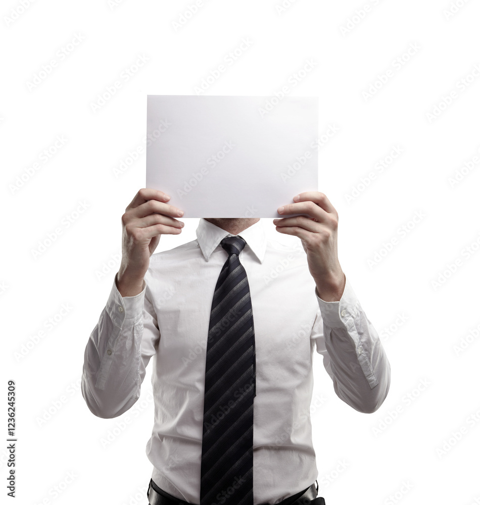 Businessperson in a white shirt and tie holding a blank sheet of paper, obscuring face. Isolated on white background. Concept of anonymity Businessperson in a white shirt and tie holding a blank sheet of paper, obscuring face. Isolated on white background. Concept of anonymity