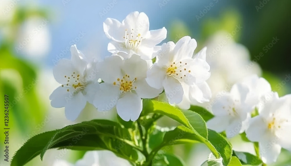 Fototapeta premium Delicate White Flowers in Bloom, Soft Focus, Vivid Blue Sky Backdrop, Springtime Beauty
