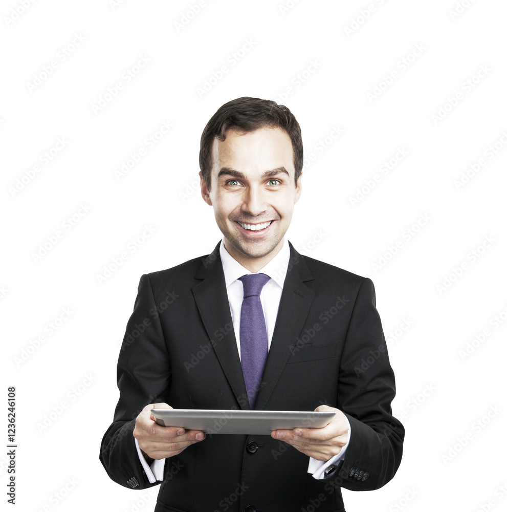 Smiling businessman in a formal suit holding a tablet, standing against a white background. Concept of corporate technology and professional success Smiling businessman in a formal suit holding a tablet, standing against a white background. Concept of corporate technology and professional success