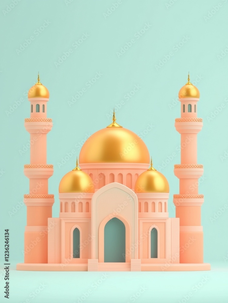 Fototapeta premium Stunning 3d illustration of a golden dome mosque architectural design serene environment artistic viewpoint