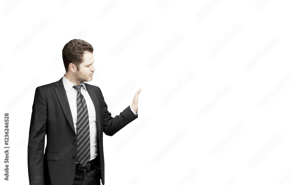 Man in formal suit with striped tie gesturing with one hand on white background. Professional attire concept, isolated for versatile use Man in formal suit with striped tie gesturing with one hand on white background. Professional attire concept, isolated for versatile use