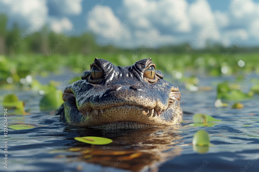 Alligator surfaces in calm waters surrounded by lush vegetation on a sunny day Alligator surfaces in calm waters surrounded by lush vegetation on a sunny day