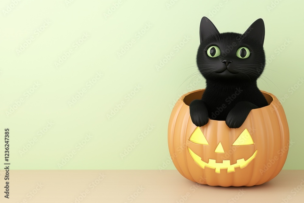 Fototapeta premium 3d black cat in pumpkin halloween theme cozy environment whimsical viewpoint