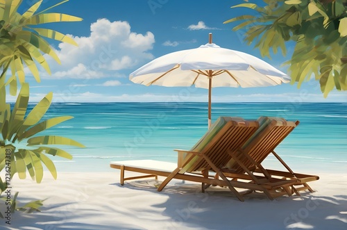 A tropical landscape featuring a wooden sunbed, a palm tree, a beach umbrella, and flip-flops nearby.
