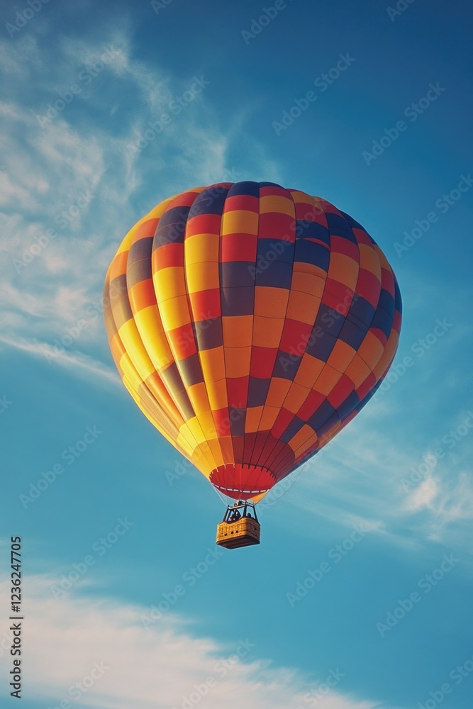 Naklejka premium A vibrant hot air balloon soaring in a clear blue sky, evoking a sense of adventure and leisure travel.