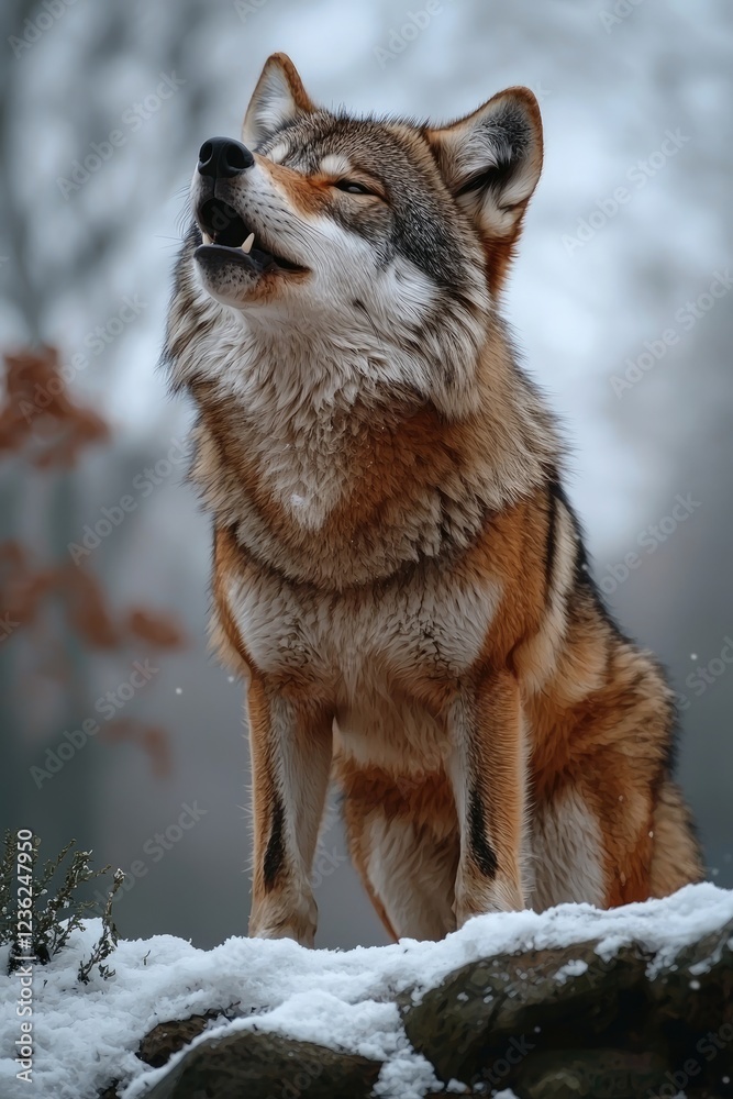 Naklejka premium Majestic Red Wolf Howling in Winter Snow