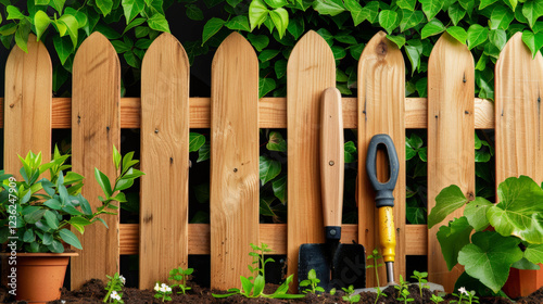 fenced garden with tools and plants, showcasing serene atmosphere