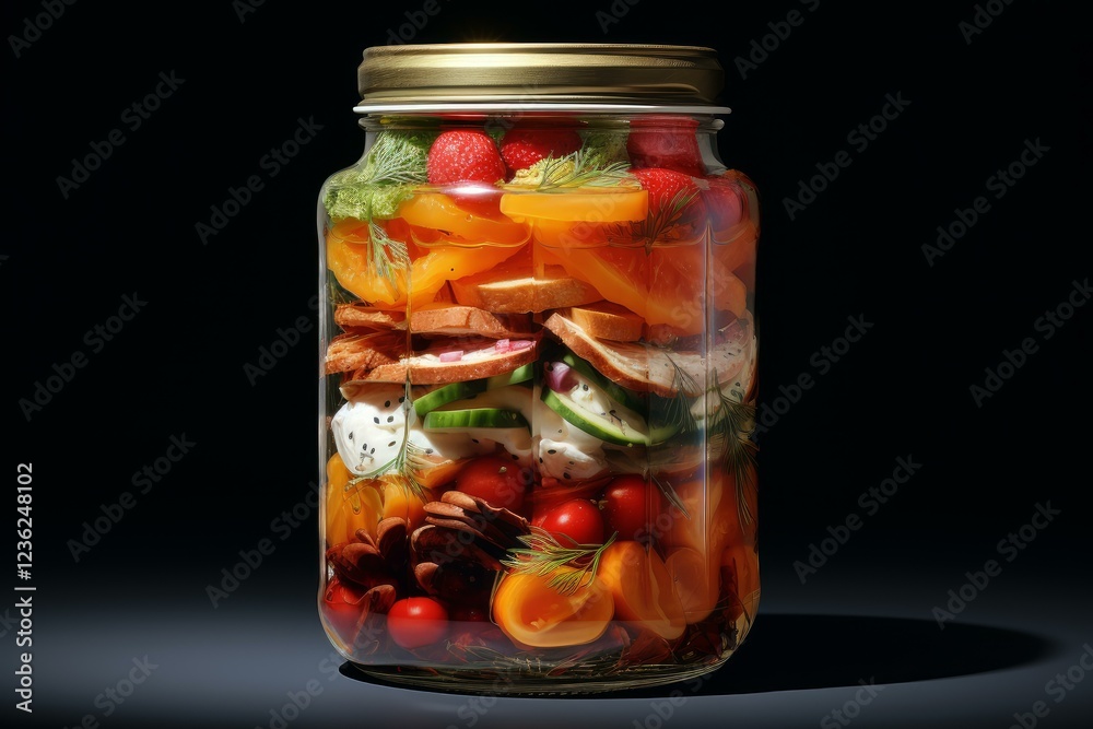 Colorful layered salad in a jar, showcasing fresh vegetables, fruits, cheese, bread, and nuts, promoting healthy eating and meal preparation