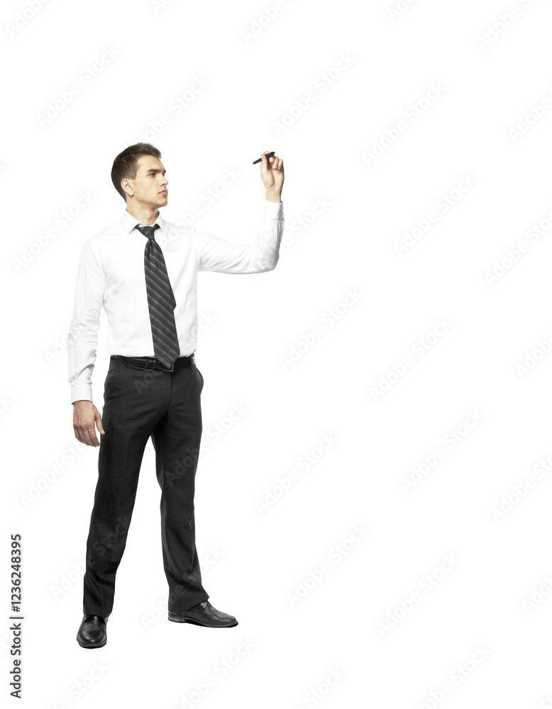 Businessman in formal attire writing with a marker, isolated on a white background. Concept of business, planning, or presentation design Businessman in formal attire writing with a marker, isolated on a white background. Concept of business, planning, or presentation design