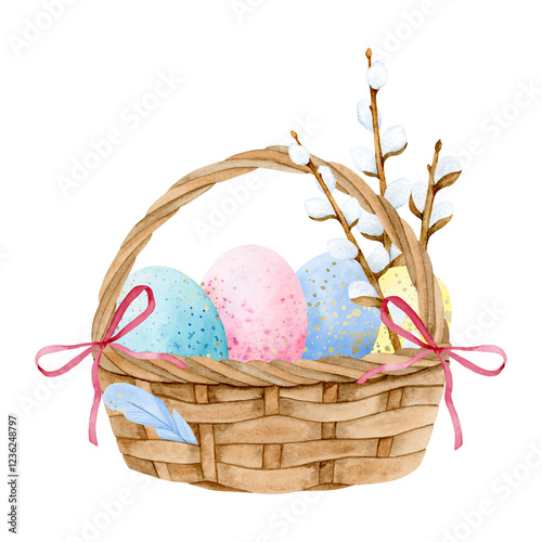Festive Easter composition with basket, Easter eggs and willow twigs