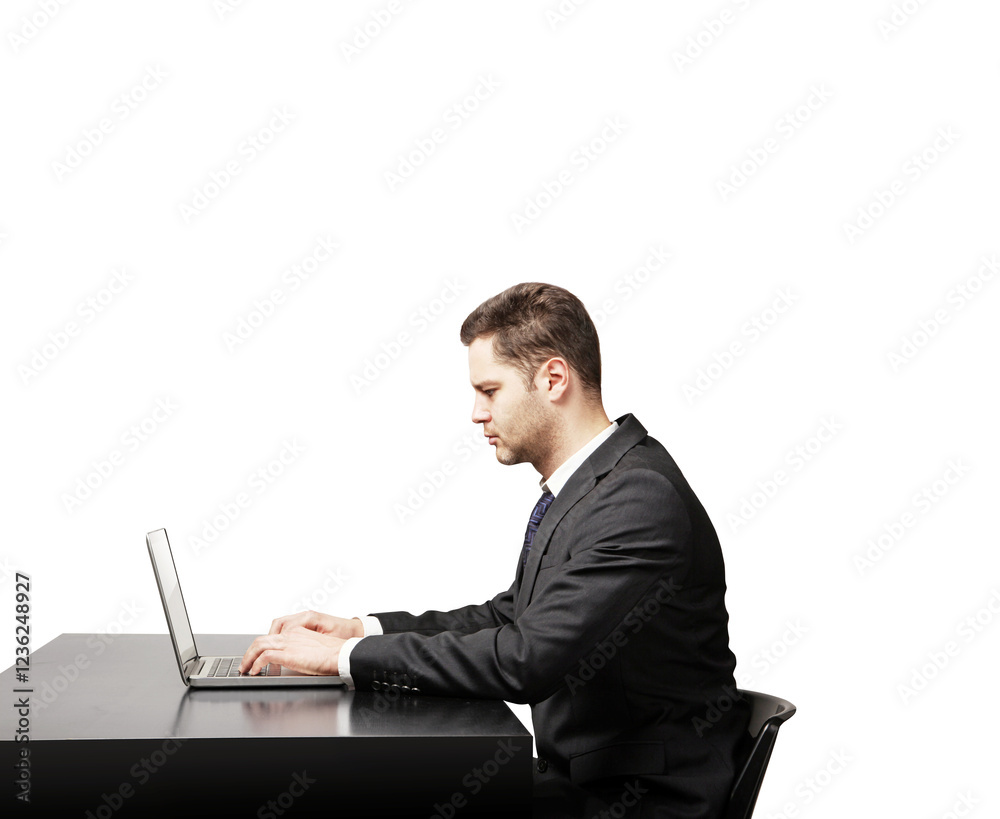Businessman in formal suit typing on laptop at desk, isolated on white background. Professional work concept, clean minimalist layout Businessman in formal suit typing on laptop at desk, isolated on white background. Professional work concept, clean minimalist layout
