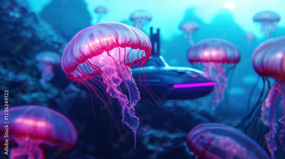 Obraz premium Underwater Scene with Glowing Jellyfish and Futuristic Submarine