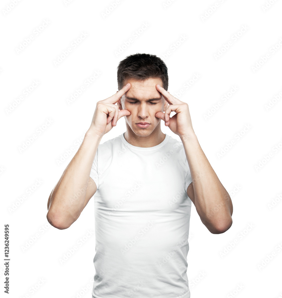 Naklejka premium Young man in a white shirt focusing with his fingers on his temples, isolated on a white background. Concept of concentration and focus