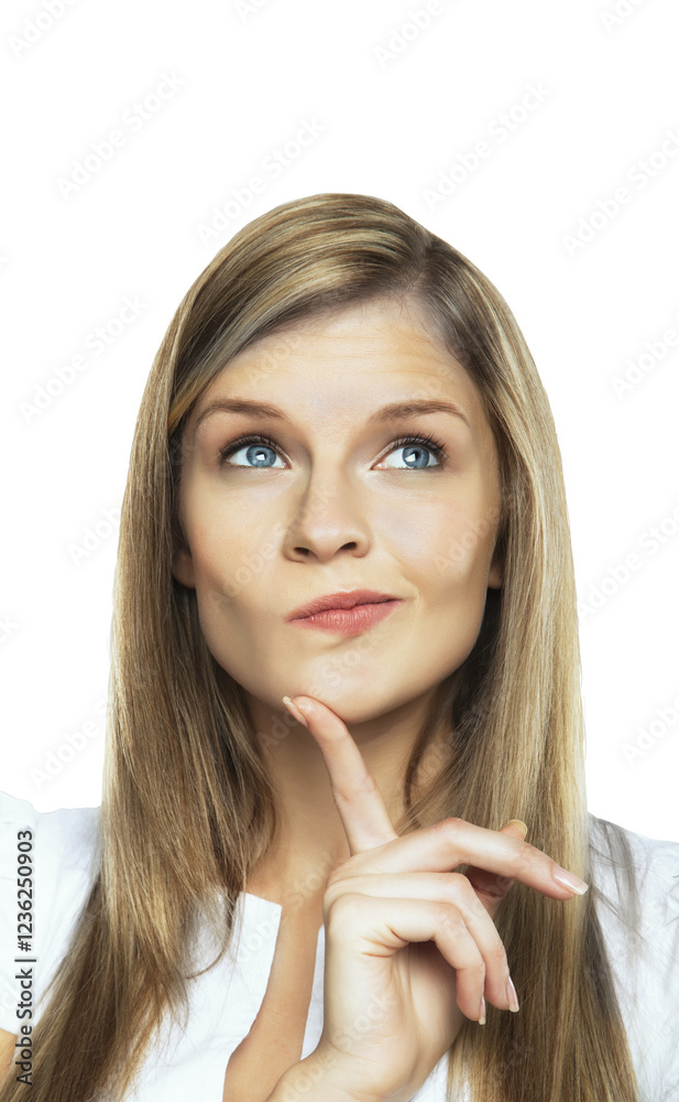 Closeup of a woman with long hair, looking thoughtful with her finger on her chin. Isolated on a white background. Concept of thinking or decision-making Closeup of a woman with long hair, looking thoughtful with her finger on her chin. Isolated on a white background. Concept of thinking or decision-making