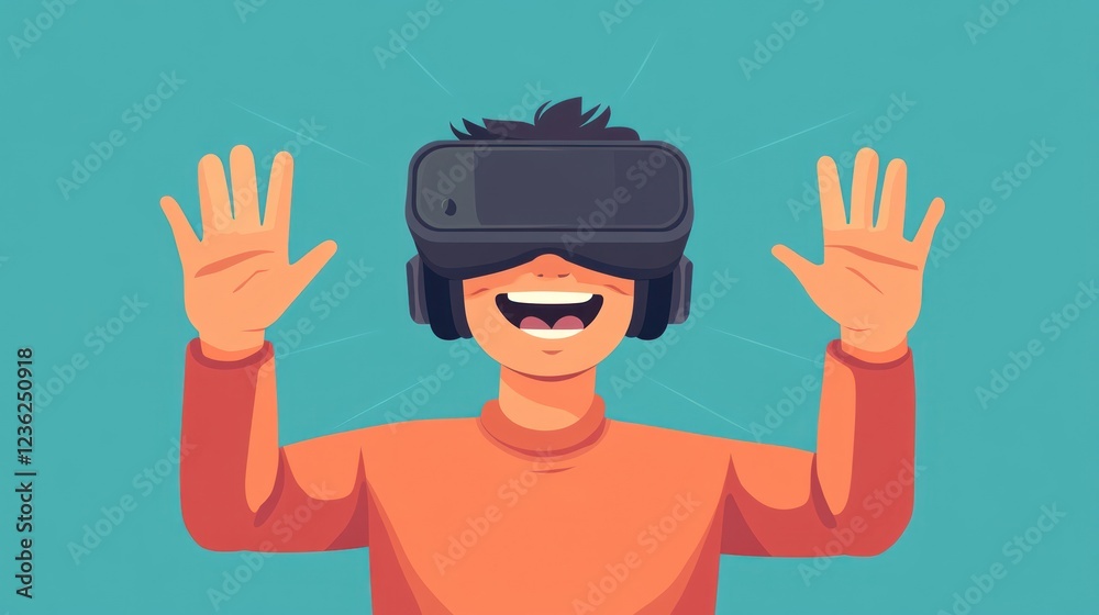 Happy boy enjoys VR headset, teal background, digital future Happy boy enjoys VR headset, teal background, digital future