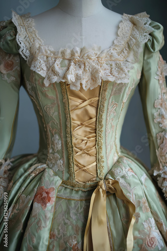 vintage rococo inspired dress with delicate lace details and floral embroidery on mannequin, perfect for historical fashion showcases