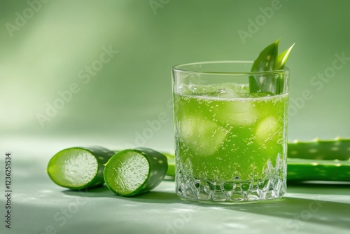 Refreshing Aloe Vera Drink with Ice Cubes photo