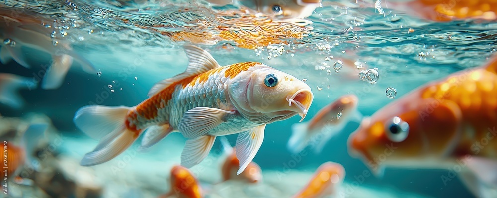 Fototapeta premium Colorful Koi Fish Swimming Gracefully in Clear Blue Water