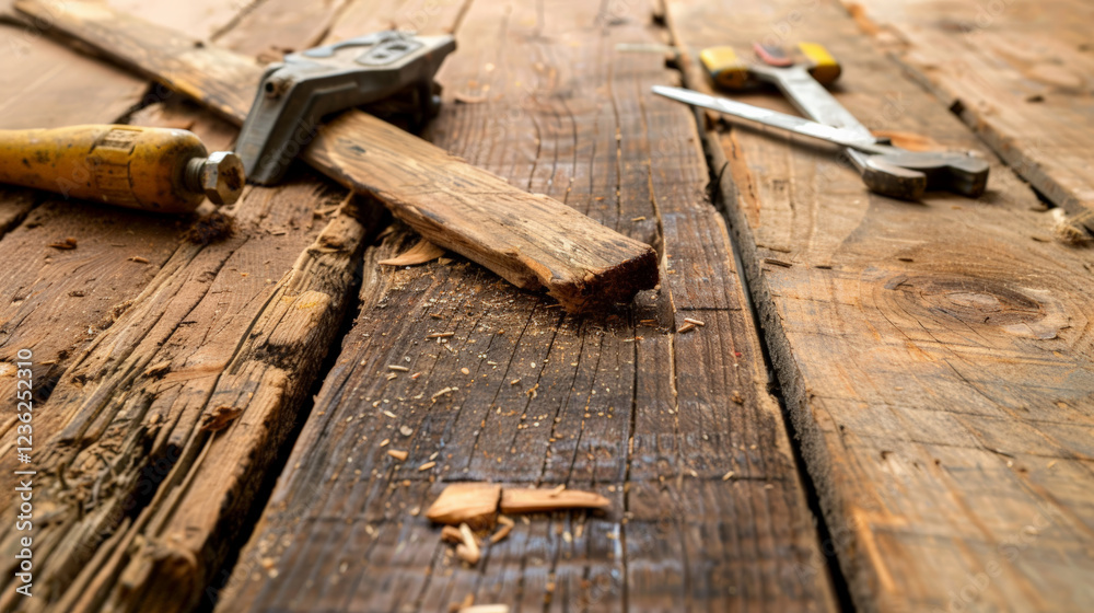 Close up of worn wooden floorboards with tools for replacement work
