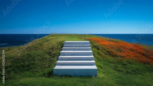 A white staircase is on a grassy hill overlooking the ocean