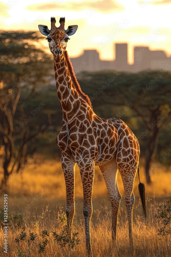 Obraz premium Young Giraffe Stands in Golden Sunset Light