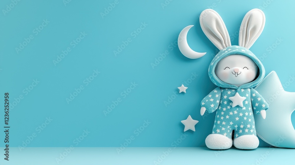 Fototapeta premium A cute plush bunny in blue pajamas with ears, surrounded by stars and a crescent moon on a light blue background.