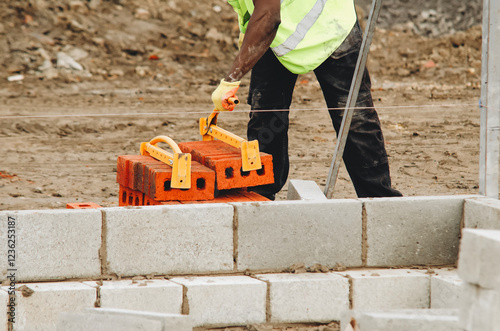 Construction worker manualy lifting bricks on a building site using brick clamp tongs photo