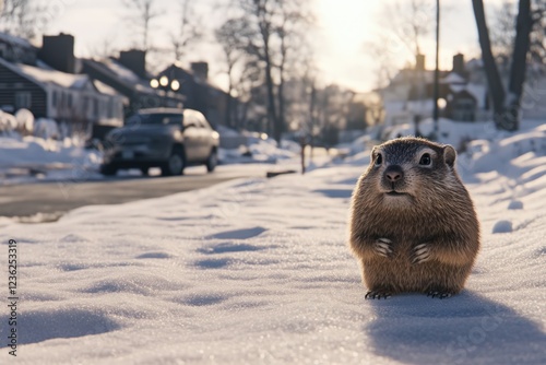 Groundhog standing on snowy street during sunrise, with car and houses background.