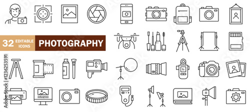 Photography icon set. Camera, photographer, video, photo and more. Photography studio. Vector illustration.
