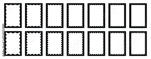Set of rectangle frames with wavy edges. Rectangle picture frames with wavy inner borders. Picture or photo frames, empty text boxes, tags, labels.