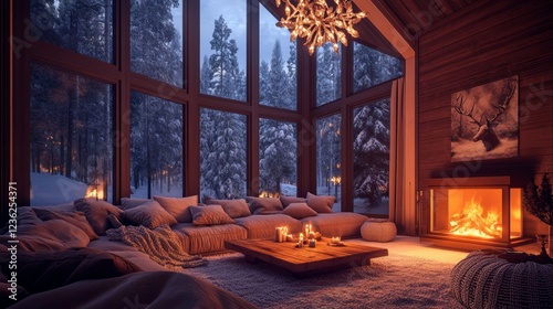 Cozy Winter Cabin Interior With Large Windows Showcasing Snowy Landscape and a Warm Fireplace During Twilight