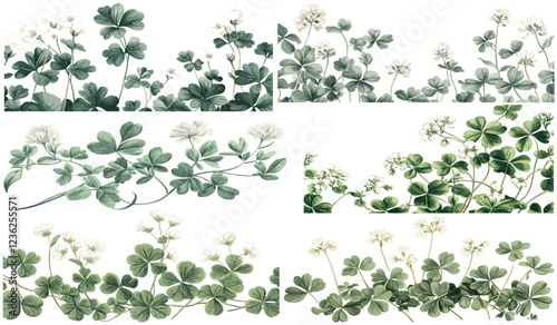 1820s Clover with delicate white flowers, soft green leaves, illustrated in a classic engraving style, nostalgic botanical art, vintage floral illustration, timeless nature design, retro nature decor.