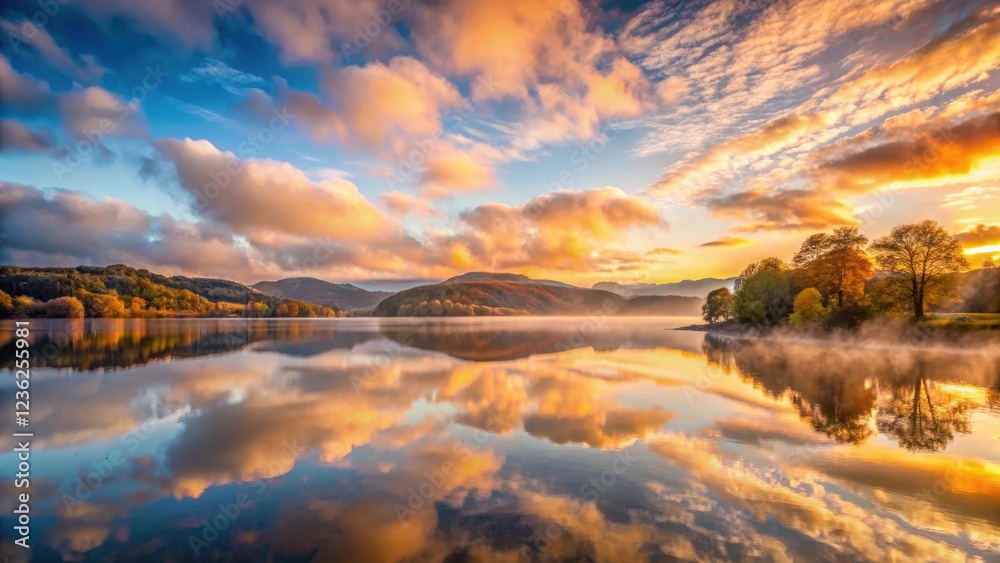 Obraz premium Breathtaking autumn sunrise over Coniston Water with mist and wispy clouds creating a serene and peaceful atmosphere , serene landscape , cloud formation