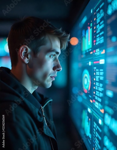 Young Man Studying Data on a Large Screen