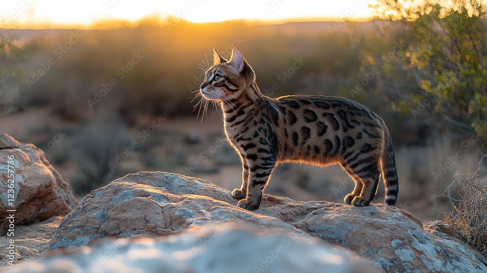 Fototapeta premium Bengal cat on rocks at sunset in desert landscape