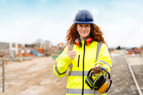 Female builder demonstrating safety measures at a building site during daylight, highlighting the importance of hearing protection