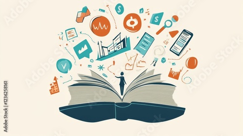 Creative Representation of Knowledge and Innovation With a Person Emanating Ideas From an Open Book Among Various Symbols