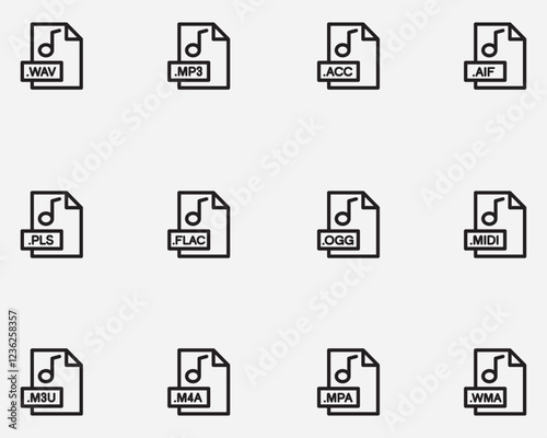 set of various audio format file outline icon symbol .sound document icons thin line icons isolated on background