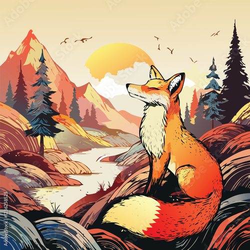 The view of the fox inside is free with a background of mountains, rivers and trees also lit by the sunset.