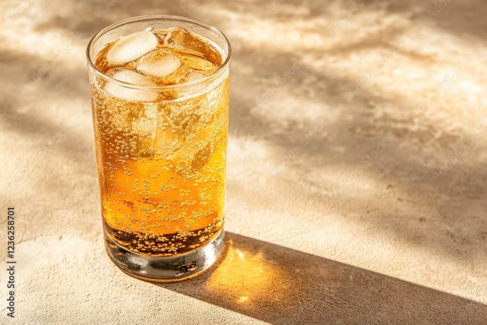 Iced golden beverage in a tall glass sits in sunlight Iced golden beverage in a tall glass sits in sunlight
