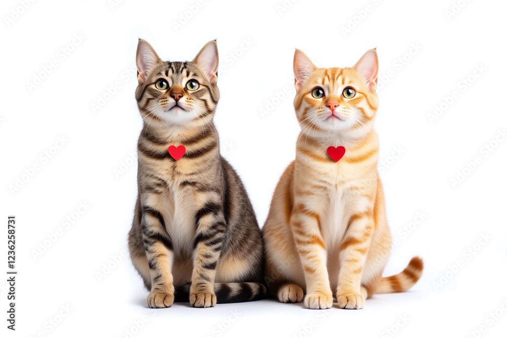 Obraz premium two domestic cats with red heart decorations on white background