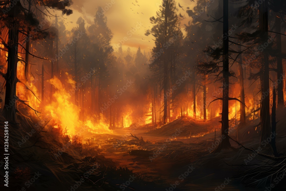 Wildfire burning through forest at dusk with birds escaping Wildfire burning through forest at dusk with birds escaping