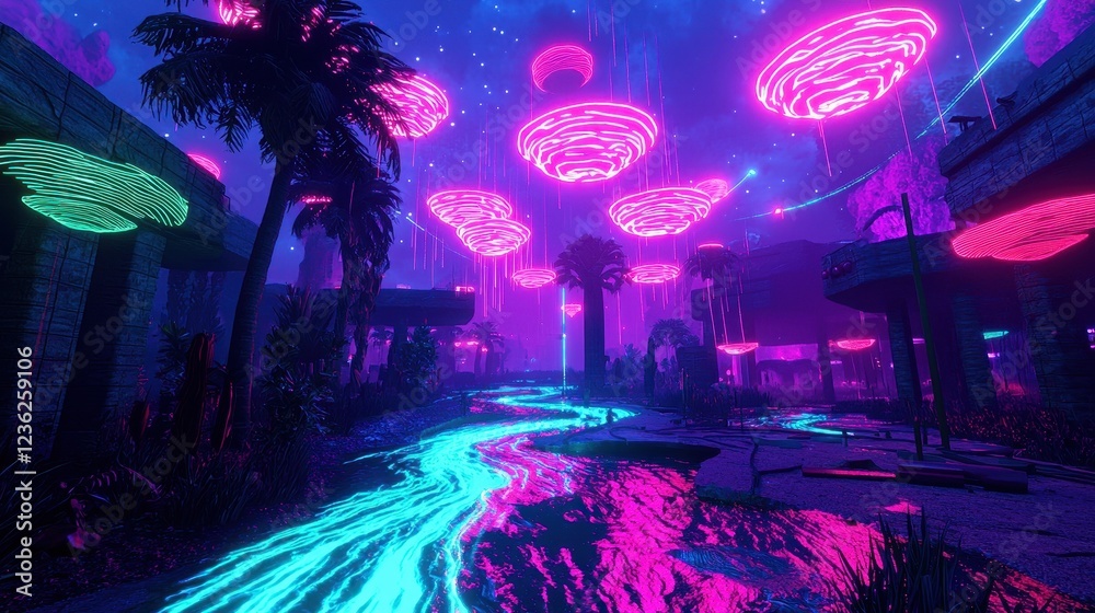 Fototapeta premium Enchanted Jungle with Neon Lights and Flowing River at Night
