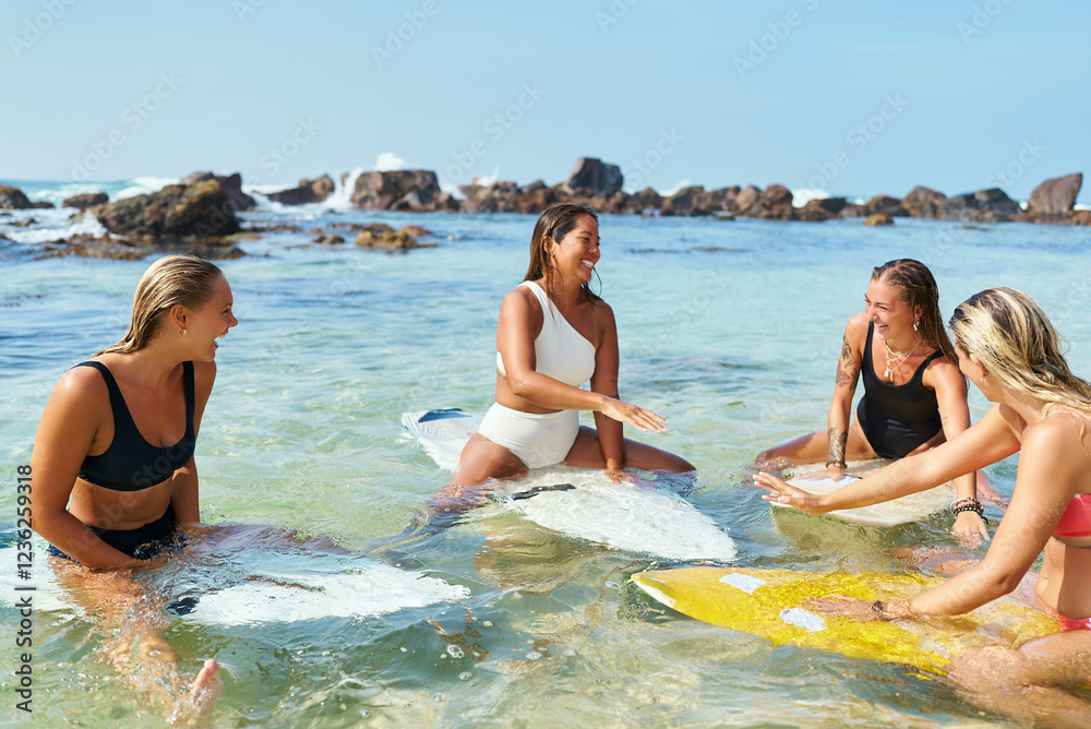 Obraz premium Group of women surfers in ocean with boards. Friends laugh, chat in sunny beach water. Active lifestyle, surfing fun, female bonding on sea coast. Surf shop themes, coastal leisure.