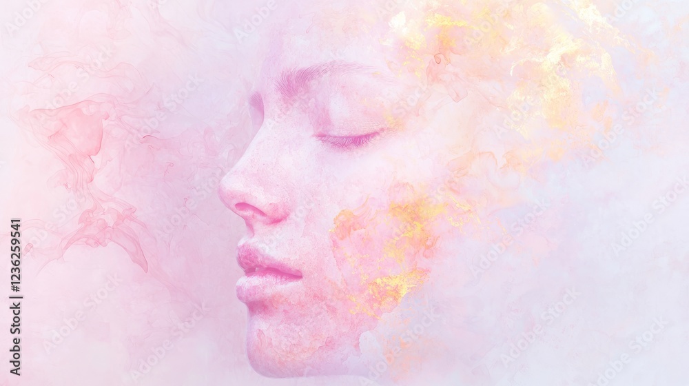Fototapeta premium Subtle Interplay of Watercolor Stains in Serene Face Artwork