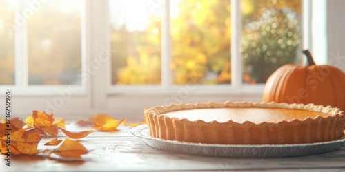 Pumpkin pie and pumpkin on a wooden table with leaves, with autumn leaves outside.