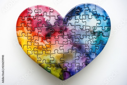 A handmade, rainbow-colored jigsaw puzzle shaped like a heart. Symbolizes love, creativity, and completion when assembled.